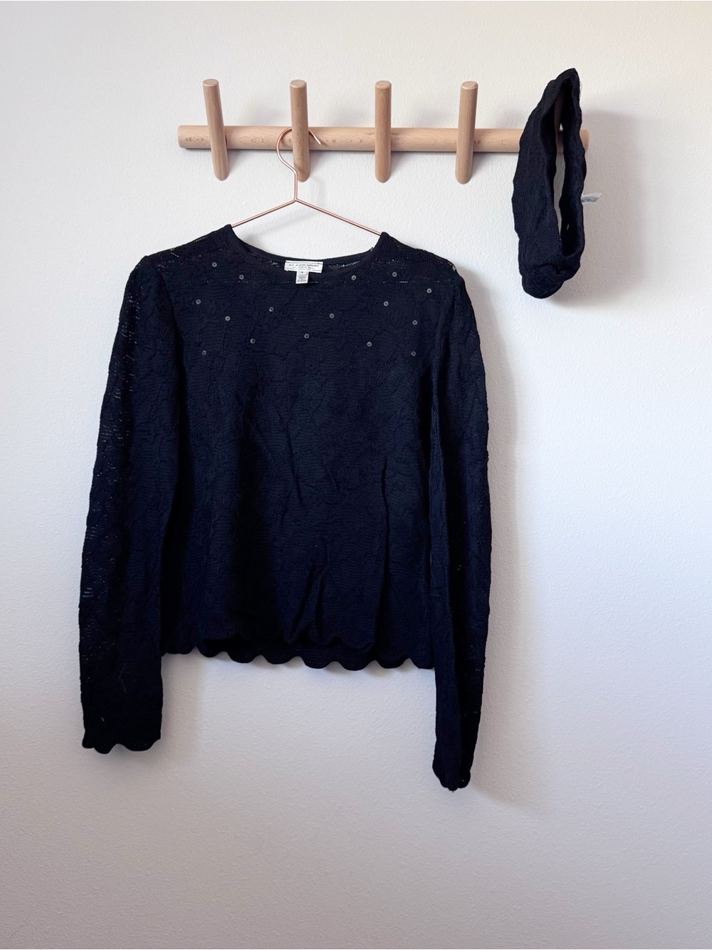 St. John Black Lace Crew Neck Sweater with Scalloped Hem with matching headband